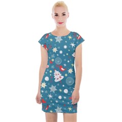 Christmas Pattern Santa Blue Cap Sleeve Bodycon Dress by Sarkoni