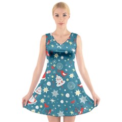 Christmas Pattern Santa Blue V-neck Sleeveless Dress by Sarkoni