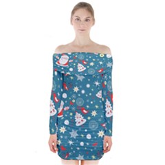 Christmas Pattern Santa Blue Long Sleeve Off Shoulder Dress by Sarkoni