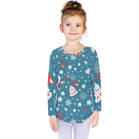 Christmas Pattern Santa Blue Kids  Long Sleeve T-shirt by Sarkoni