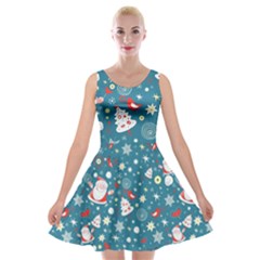 Christmas Pattern Santa Blue Velvet Skater Dress by Sarkoni