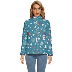 Christmas Pattern Santa Blue Women s Puffer Bubble Jacket Coat by Sarkoni