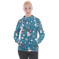 Christmas Pattern Santa Blue Women s Hooded Pullover by Sarkoni