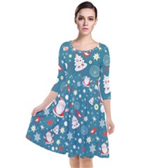 Christmas Pattern Santa Blue Quarter Sleeve Waist Band Dress by Sarkoni