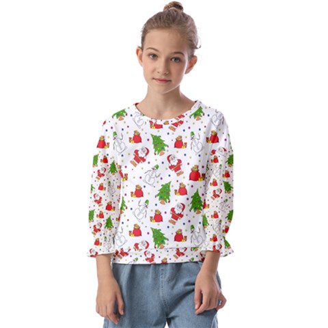 Christmas Santa Pattern Tree Kids  Cuff Sleeve Top by Sarkoni