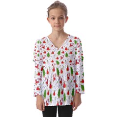 Christmas Santa Pattern Tree Kids  V Neck Casual Top by Sarkoni