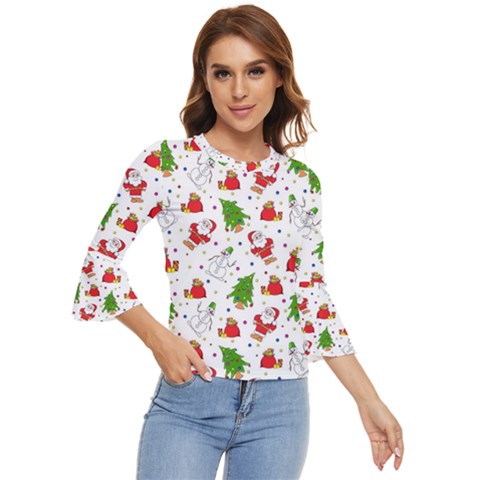 Christmas Santa Pattern Tree Bell Sleeve Top by Sarkoni