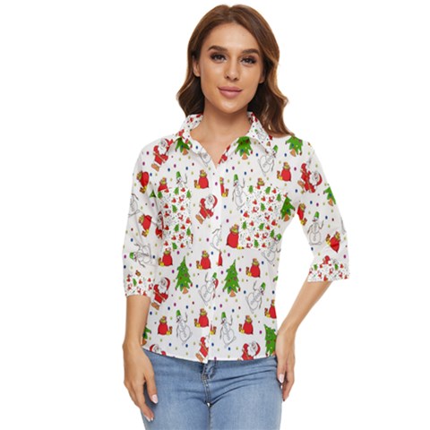 Christmas Santa Pattern Tree Women s Quarter Sleeve Pocket Shirt by Sarkoni