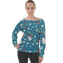 Christmas Pattern Santa Blue Off Shoulder Long Sleeve Velour Top View1