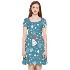 Christmas Pattern Santa Blue Inside Out Cap Sleeve Dress by Sarkoni