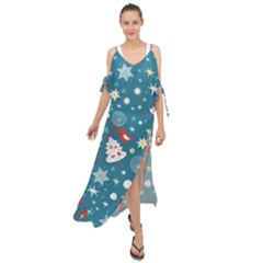 Christmas Pattern Santa Blue Maxi Chiffon Cover Up Dress by Sarkoni