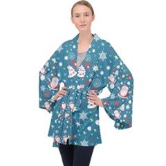 Christmas Pattern Santa Blue Long Sleeve Velvet Kimono  by Sarkoni