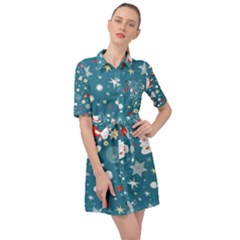 Christmas Pattern Santa Blue Belted Shirt Dress by Sarkoni