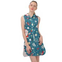 Christmas Pattern Santa Blue Sleeveless Shirt Dress by Sarkoni