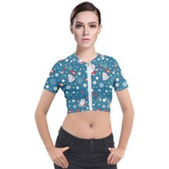 Christmas Pattern Santa Blue Short Sleeve Cropped Jacket by Sarkoni