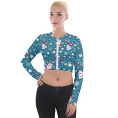 Christmas Pattern Santa Blue Long Sleeve Cropped Velvet Jacket by Sarkoni