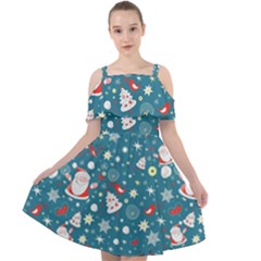 Christmas Pattern Santa Blue Cut Out Shoulders Chiffon Dress by Sarkoni