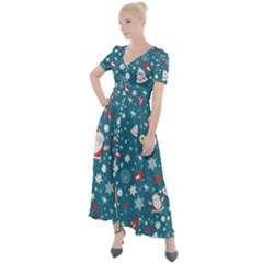 Christmas Pattern Santa Blue Button Up Short Sleeve Maxi Dress