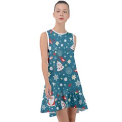 Christmas Pattern Santa Blue Frill Swing Dress by Sarkoni