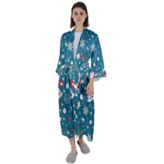 Christmas Pattern Santa Blue Maxi Satin Kimono by Sarkoni