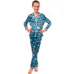 Christmas Pattern Santa Blue Kids  Satin Long Sleeve Pajamas Set by Sarkoni