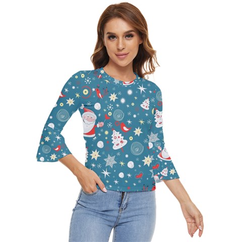 Christmas Pattern Santa Blue Bell Sleeve Top by Sarkoni