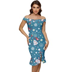 Christmas Pattern Santa Blue Off Shoulder Ruffle Split Hem Bodycon Dress by Sarkoni