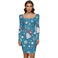 Christmas Pattern Santa Blue Women Long Sleeve Ruched Stretch Jersey Dress by Sarkoni