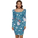 Christmas Pattern Santa Blue Women Long Sleeve Ruched Stretch Jersey Dress View1