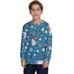 Christmas Pattern Santa Blue Kids  Crewneck Sweatshirt by Sarkoni