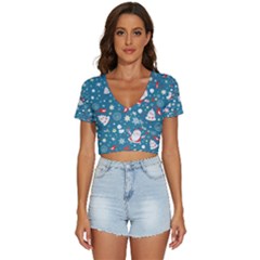 Christmas Pattern Santa Blue V-neck Crop Top by Sarkoni