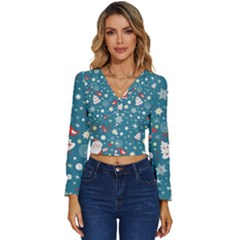 Christmas Pattern Santa Blue Long Sleeve V-neck Top by Sarkoni