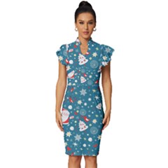 Christmas Pattern Santa Blue Vintage Frill Sleeve V-neck Bodycon Dress by Sarkoni