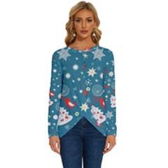 Christmas Pattern Santa Blue Long Sleeve Crew Neck Pullover Top by Sarkoni