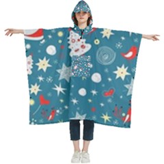 Christmas Pattern Santa Blue Women s Hooded Rain Ponchos by Sarkoni