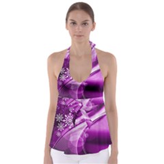 Purple Abstract Merry Christmas Xmas Pattern Tie Back Tankini Top by Sarkoni