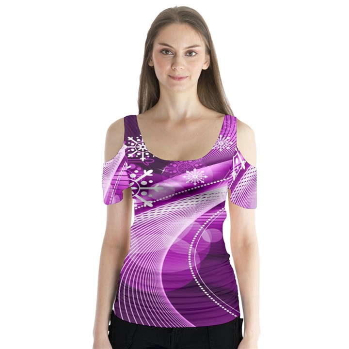 Purple Abstract Merry Christmas Xmas Pattern Butterfly Sleeve Cutout T-Shirt 