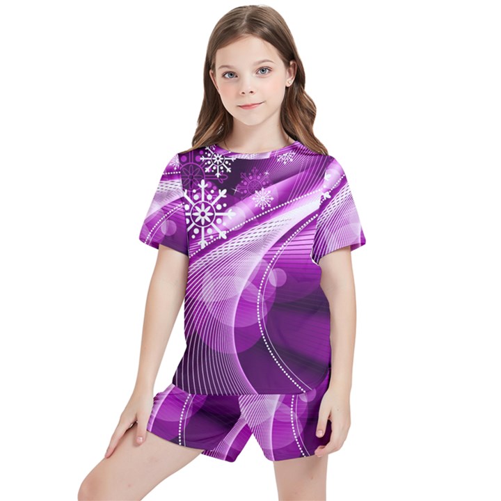 Purple Abstract Merry Christmas Xmas Pattern Kids  T-Shirt And Sports Shorts Set