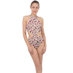 Christmas  Santa Claus Patterns Halter Side Cut Swimsuit by Sarkoni