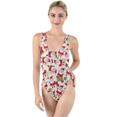 Christmas  Santa Claus Patterns High Leg Strappy Swimsuit