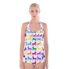 Colorful Horse Background Wallpaper Boyleg Halter Swimsuit  by Amaryn4rt