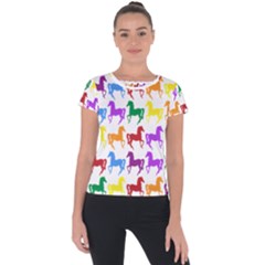 Colorful Horse Background Wallpaper Short Sleeve Sports Top  by Amaryn4rt