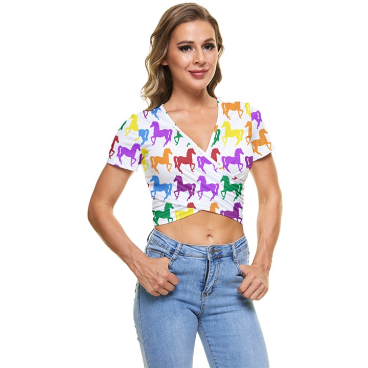 Colorful Horse Background Wallpaper Short Sleeve Foldover T-Shirt