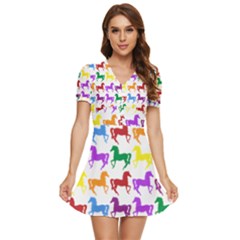 Colorful Horse Background Wallpaper V-neck High Waist Chiffon Mini Dress by Amaryn4rt