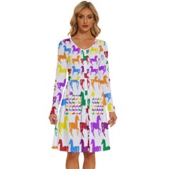 Colorful Horse Background Wallpaper Long Sleeve Dress With Pocket by Amaryn4rt