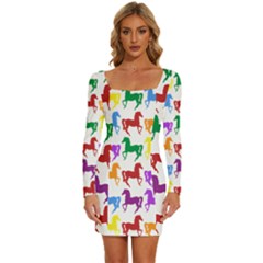 Colorful Horse Background Wallpaper Long Sleeve Square Neck Bodycon Velvet Dress by Amaryn4rt