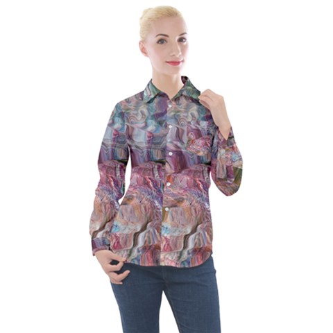 Blended Waves Women s Long Sleeve Pocket Shirt by kaleidomarblingart