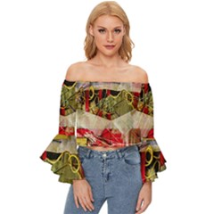 Collage Off Shoulder Flutter Bell Sleeve Top