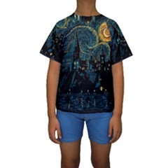 Castle Starry Night Van Gogh Parody Kids  Short Sleeve Swimwear by Sarkoni