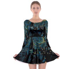 Castle Starry Night Van Gogh Parody Long Sleeve Skater Dress by Sarkoni